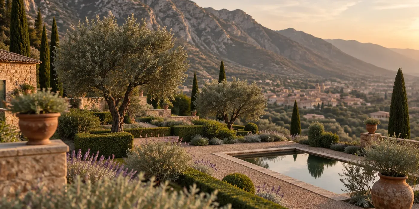 A foothill garden above the valley, with the dry range rising close behind the property and the town below in the evening haze