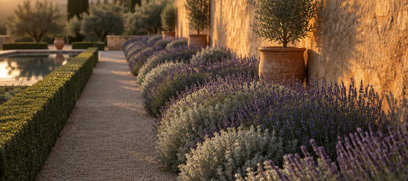 A gravel walk running beside a high ochre wall, deep drifts of lavender and silver planting the whole length of it