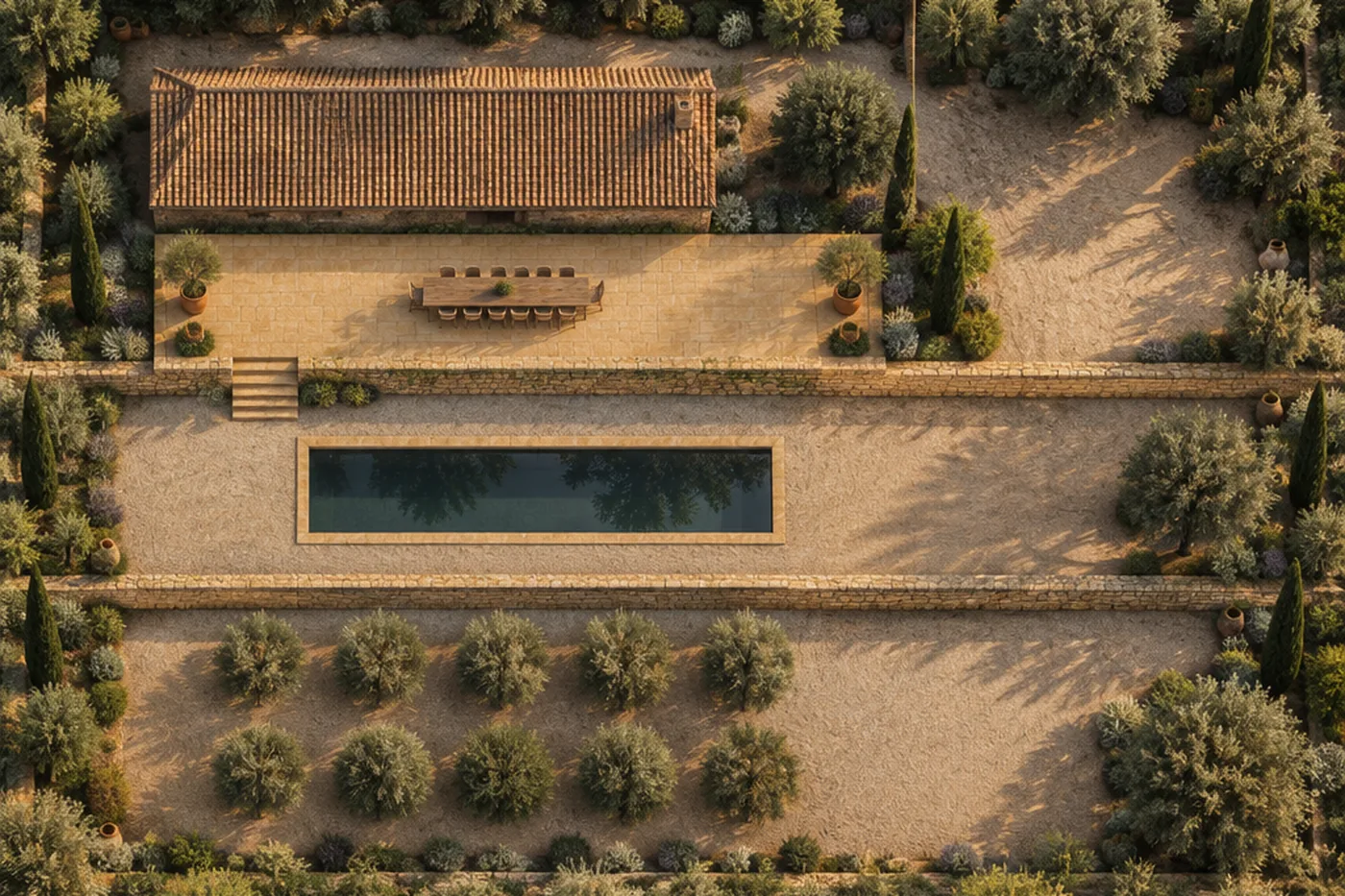 The same three terraces built: dining terrace, the retaining wall, the pool terrace and the olive grove below