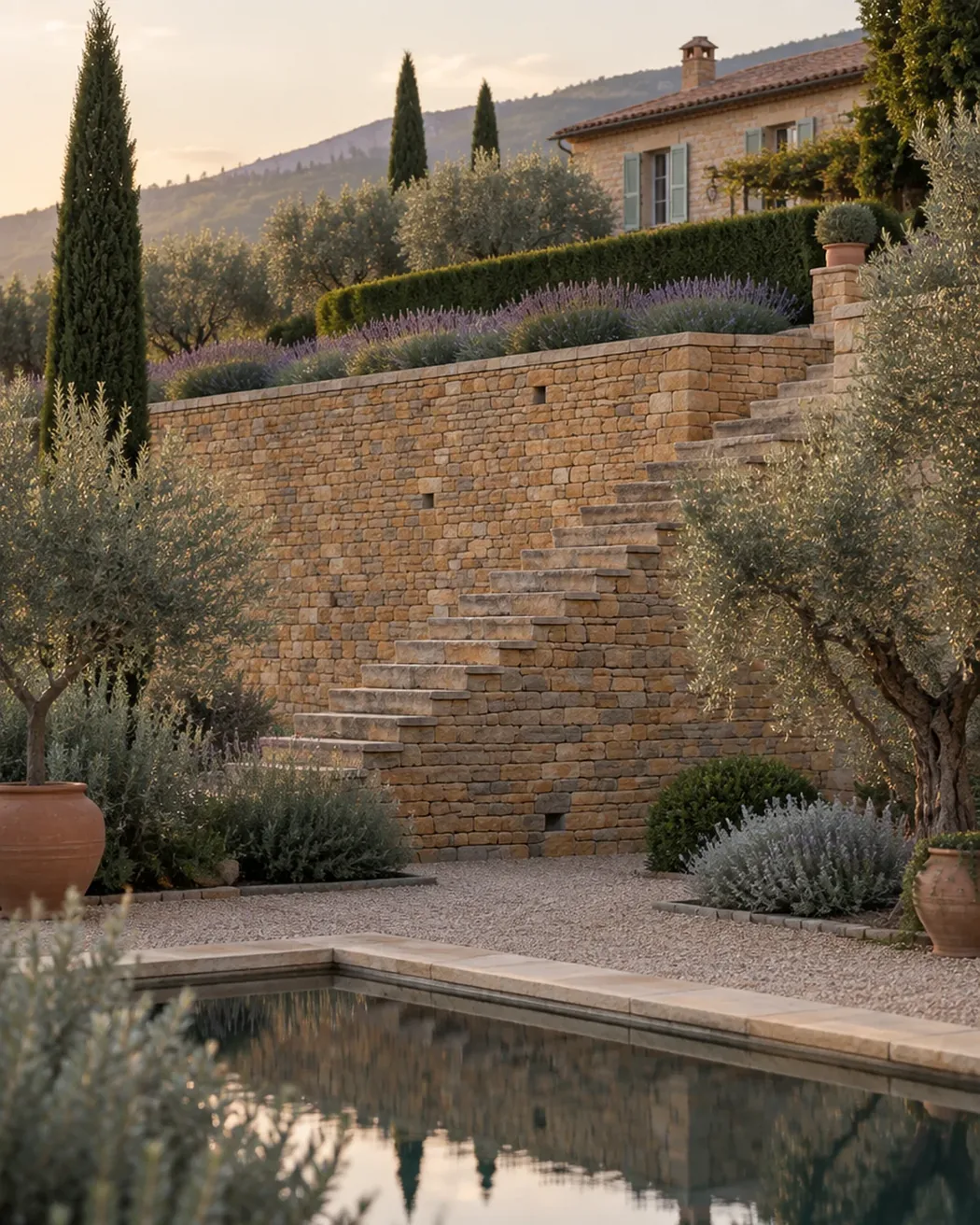 The structural retaining wall at La Ca&ntilde;ada, with the stone stair climbing it and the upper terrace planted above