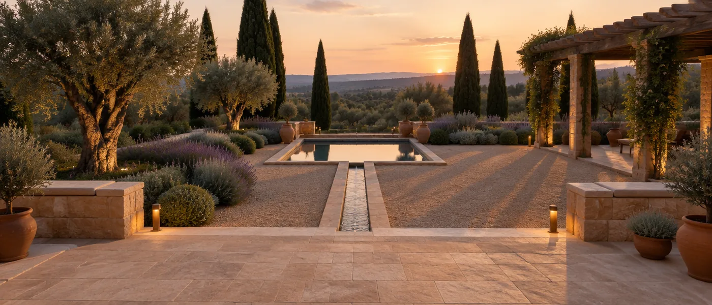 One garden holding all six disciplines at once: a sawn stone terrace, a water rill running to a still basin, a pergola, clipped olive and lavender, and low lighting along the steps