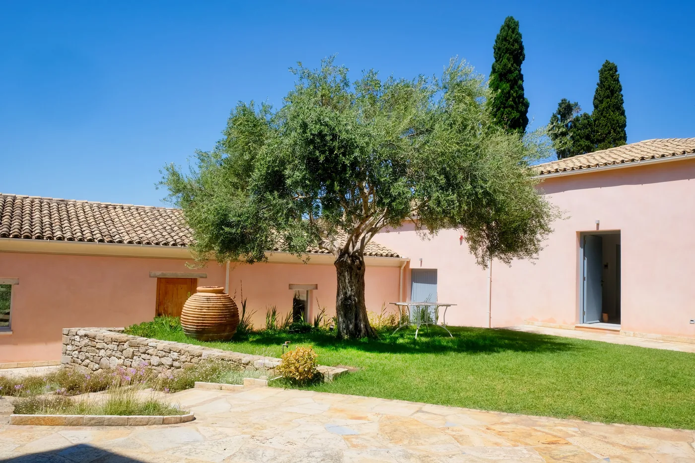 A courtyard with a mature olive tree in a stone planter