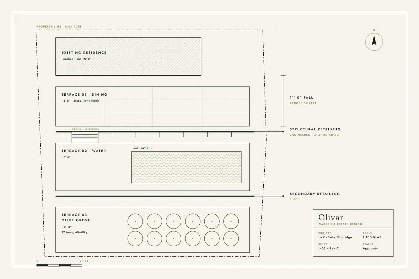 The approved terrace and retaining plan for the La Ca&ntilde;ada garden, sheet L-02