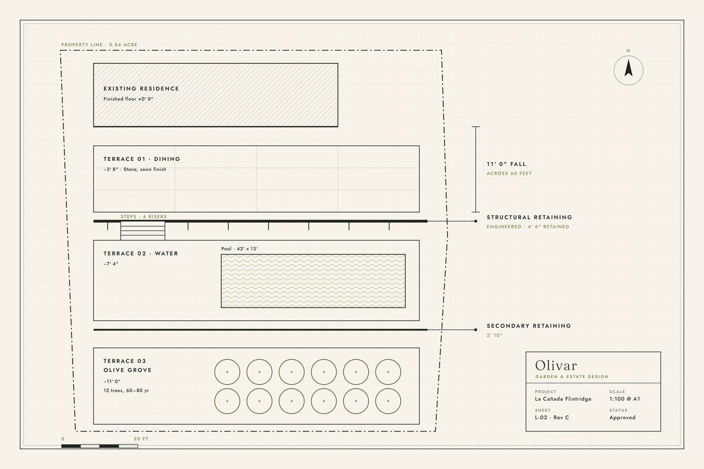 The approved terrace and retaining plan for the La Ca&ntilde;ada garden, sheet L-02