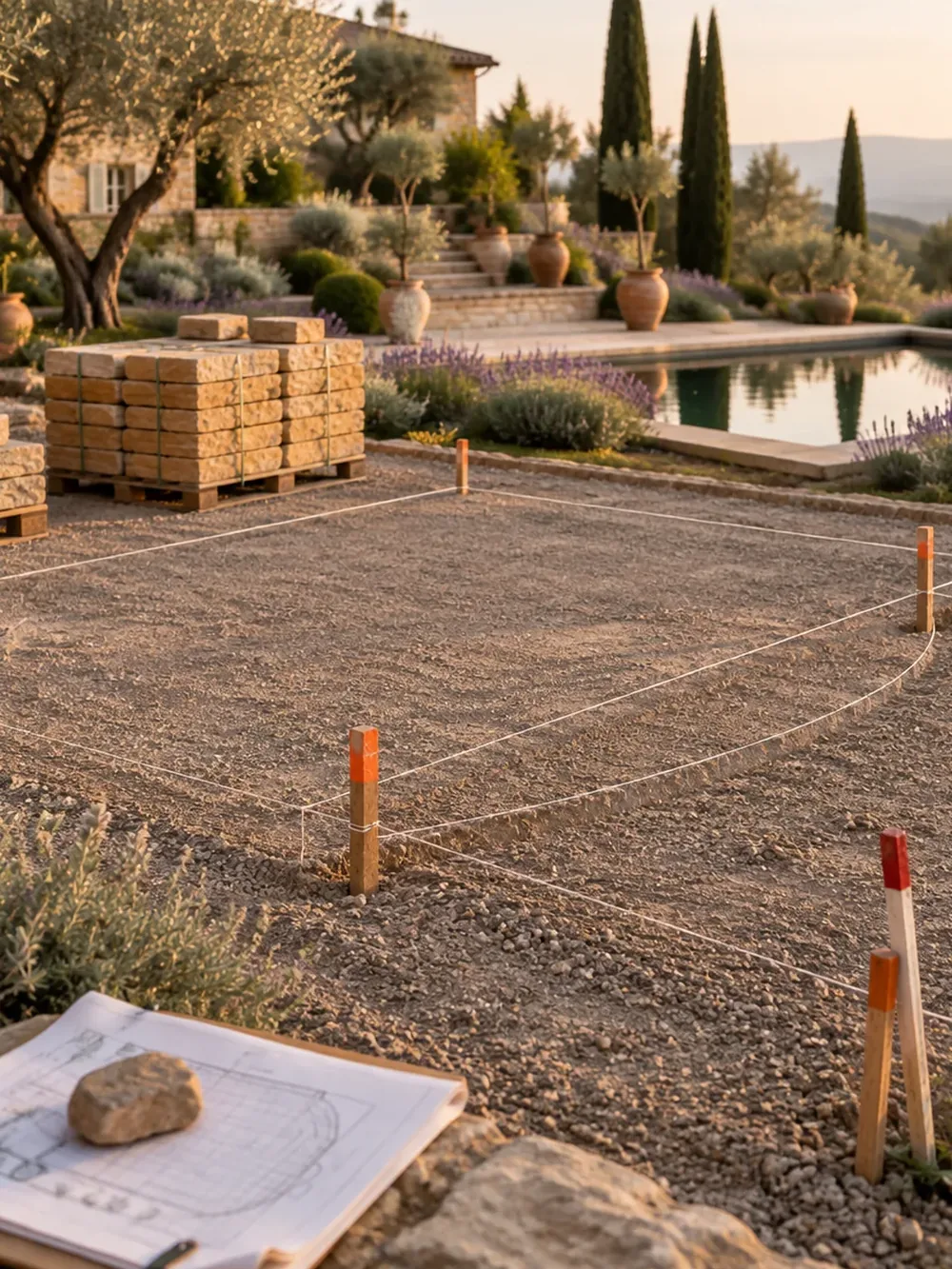 A garden set out before it is built: string lines on timber pegs across a graded gravel sub-base, pallets of sawn stone waiting, and the drawing weighted down by a stone