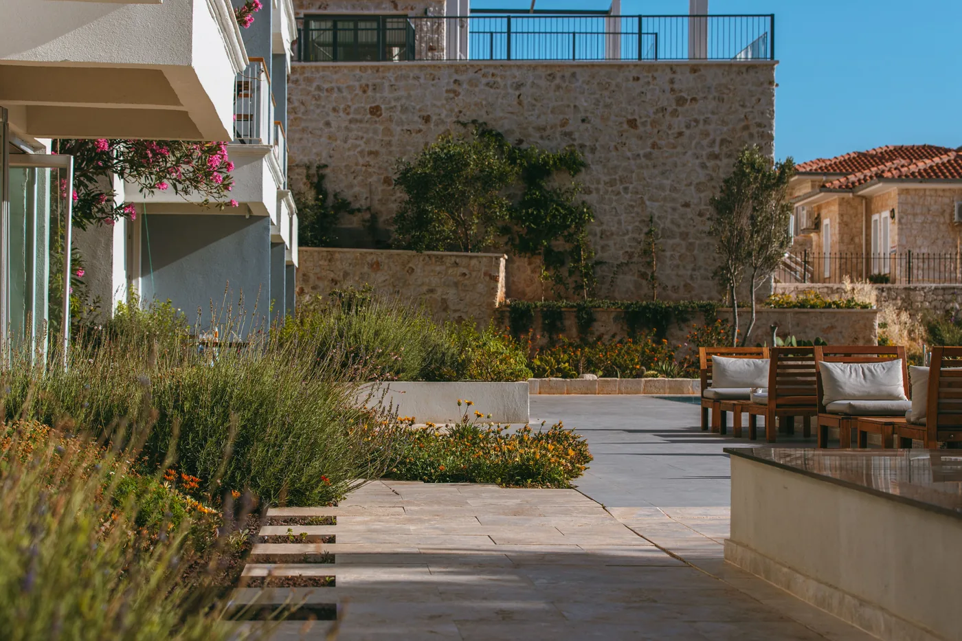 A terraced stone garden on a sloping site