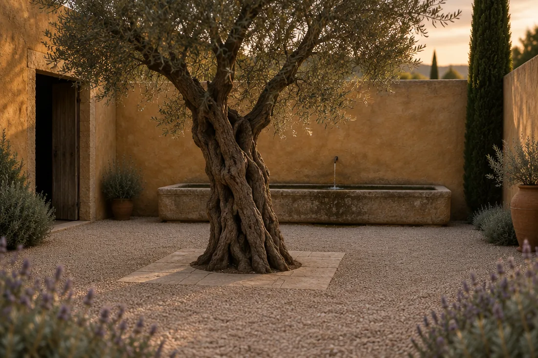 A walled gravel courtyard with one ancient olive at its centre and a carved stone water trough against the far wall
