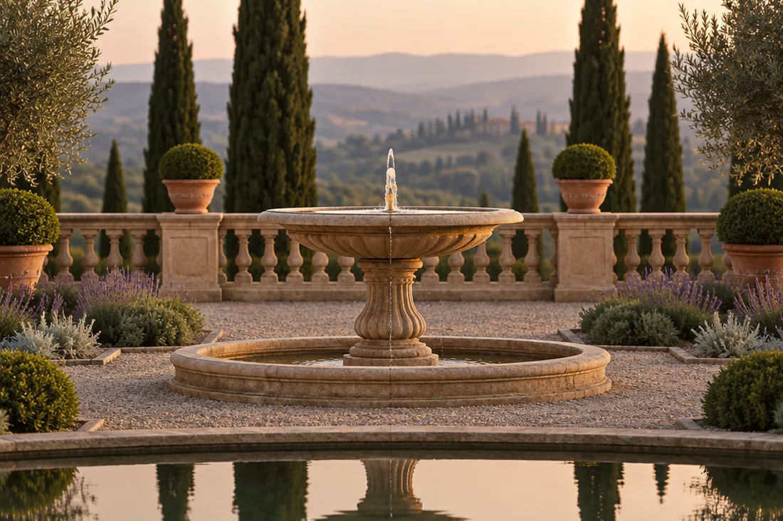 A carved stone fountain on a balustraded terrace, cypress rising behind it