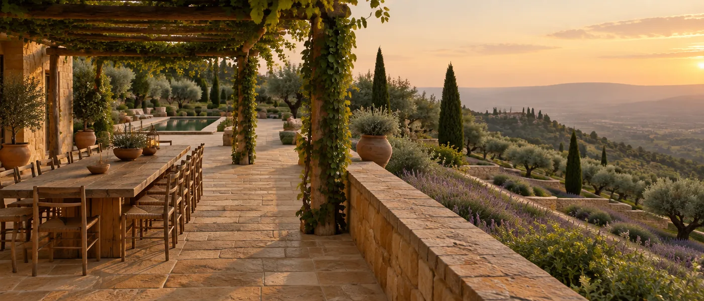 A sawn stone dining terrace under a vine loggia, the hillside falling away in planted terraces beyond the parapet